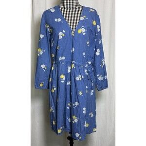 Old Navy Cotton Blue Wrap Front Dress Long Sleeve Yellow Floral Daisy Large